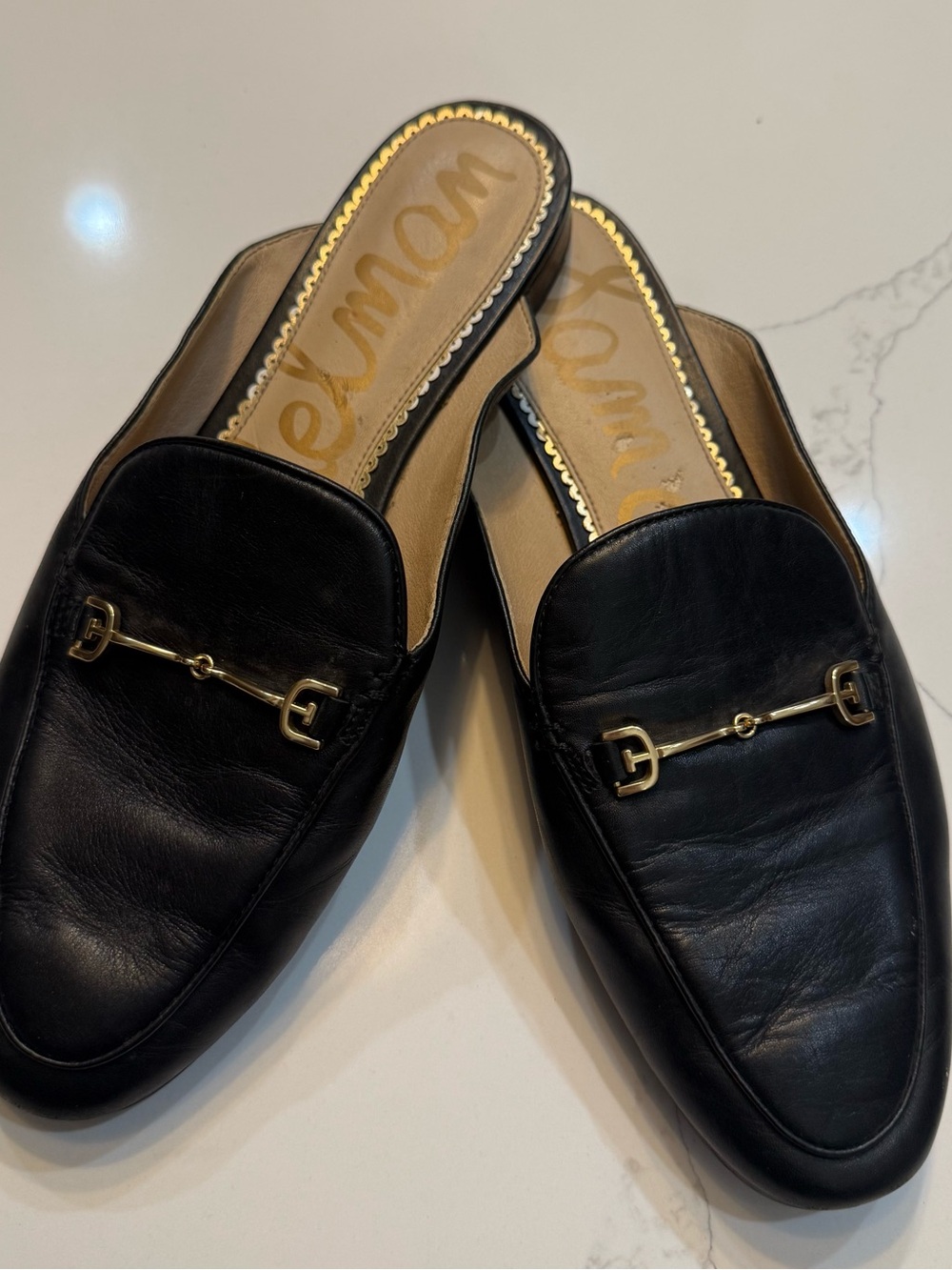 Sam Edelman Women’s Black Leather Slip-On Mule Loafer Flats 10 gold/brass